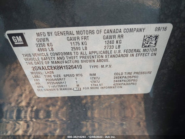 Chevrolet EQUINOX LT 2017 2GNALCEK8H1526410 Image 9