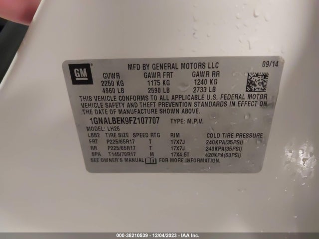 Chevrolet EQUINOX 1LT 2015 1GNALBEK9FZ107707 Image 9