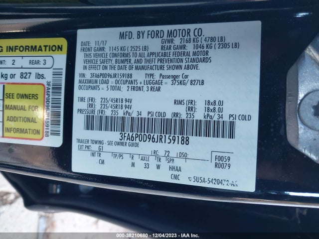 2018 FORD FUSION TITANIUM VIN: 3FA6P0D96JR159188