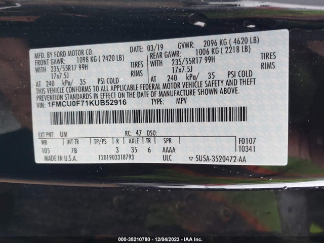 2019 FORD ESCAPE S VIN: 1FMCU0F71KUB52916