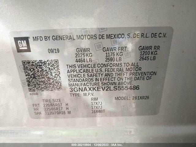 2020 CHEVROLET EQUINOX FWD LT 1.5L TURBO VIN: 3GNAXKEV2LS555486