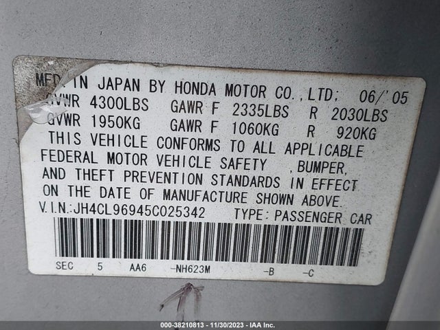 2005 ACURA TSX VIN: JH4CL96945C025342
