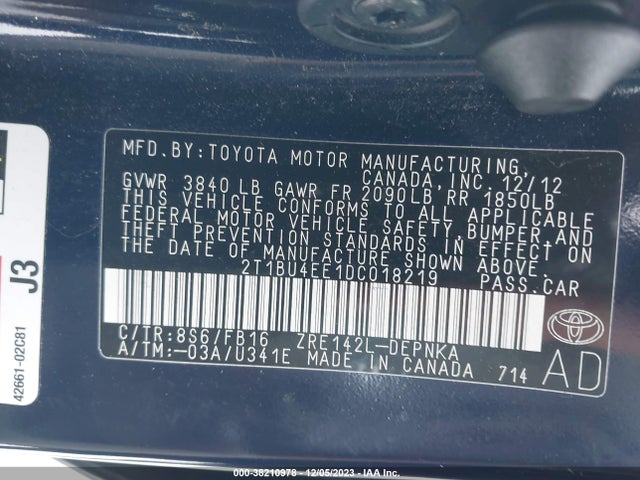 2013 TOYOTA COROLLA LE VIN: 2T1BU4EE1DC018219