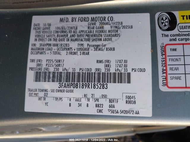 2009 FORD FUSION SEL VIN: 3FAHP08189R185283