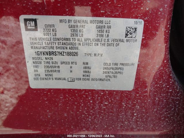 1GYKNBRS7HZ188026 Cadillac XT5 LUXURY