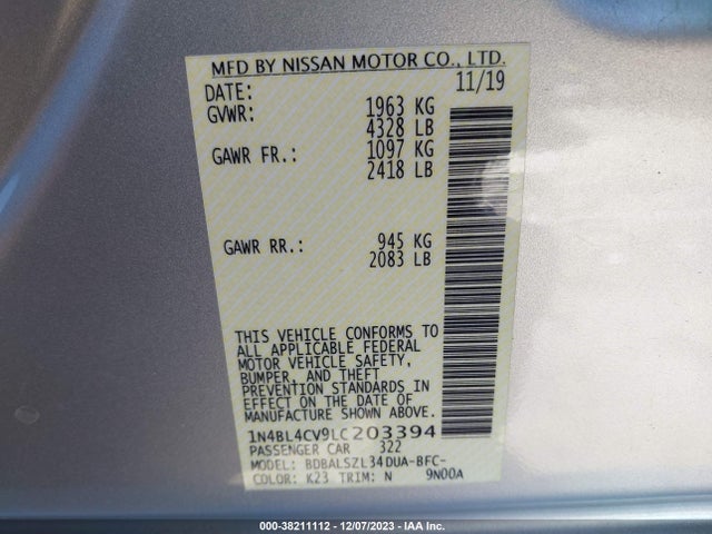 2020 NISSAN ALTIMA SR FWD VIN: 1N4BL4CV9LC203394