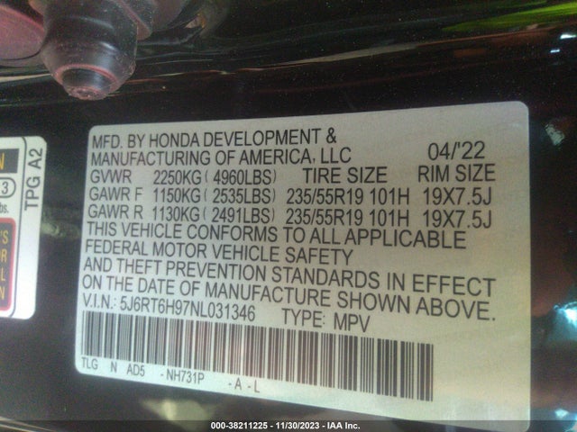 2022 HONDA CR-V HYBRID TOURING VIN: 5J6RT6H97NL031346