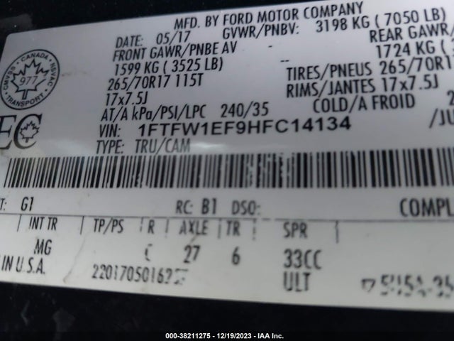 Ford F-150 Xlt 2017 1FTFW1EF9HFC14134 Image 9