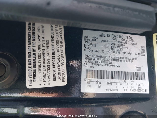 2007 FORD EXPEDITION EL EDDIE BAUER VIN: 1FMFK17527LA91725