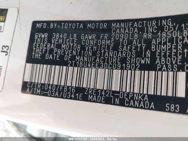 2013 TOYOTA COROLLA LE VIN: 2T1BU4EE3DC091902