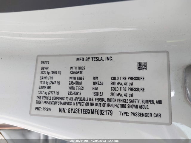 5YJ3E1EBXMF002179 Tesla Model 3 Long Range Dual Motor All-wheel Drive