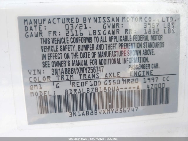 2021 NISSAN SENTRA S XTRONIC CVT VIN: 3N1AB8BVXMY256747