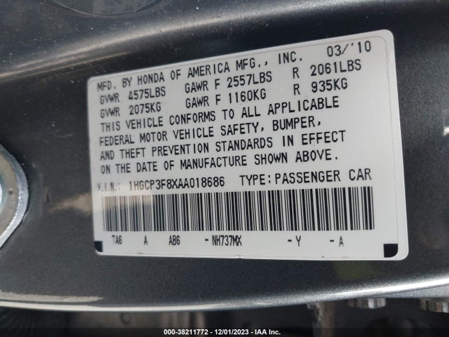 2010 HONDA ACCORD 3.5 EX-L VIN: 1HGCP3F8XAA018686