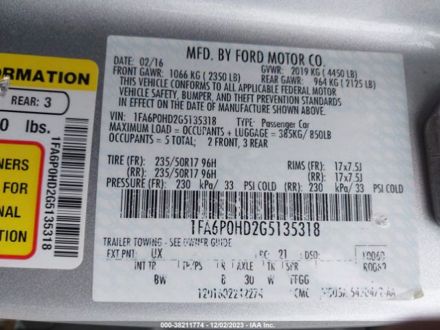 1FA6P0HD2G5135318 Ford FUSION SE