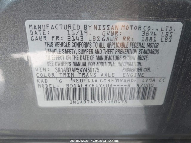 2019 NISSAN SENTRA S VIN: 3N1AB7AP5KY450175