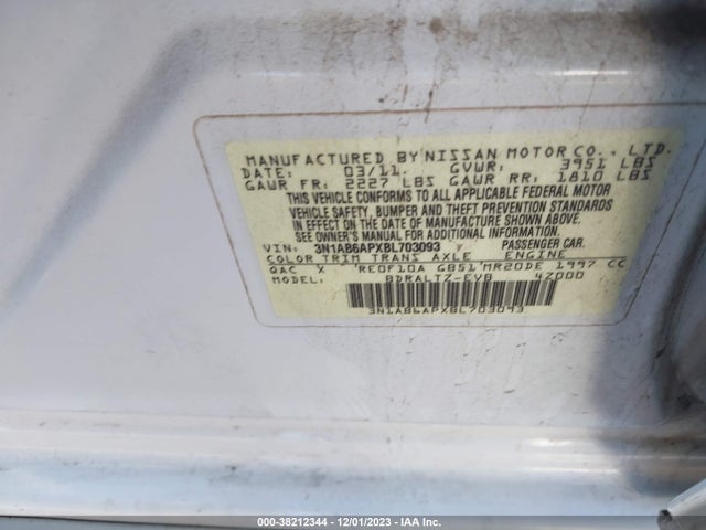 2011 NISSAN SENTRA 2.0SR VIN: 3N1AB6APXBL703093
