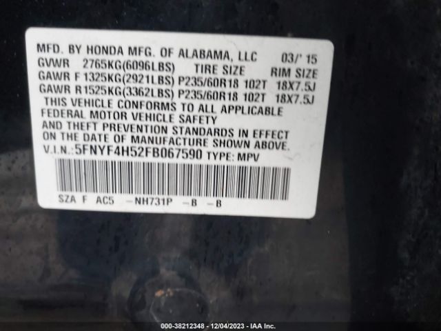 5FNYF4H52FB067590 Honda Pilot Ex-l