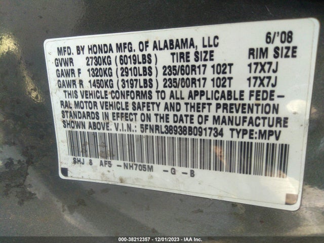 2008 HONDA ODYSSEY TOURING VIN: 5FNRL38938B091734