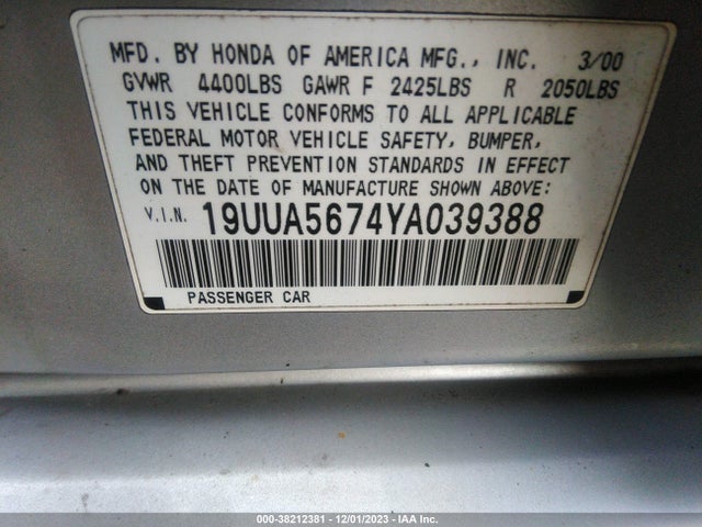 2000 ACURA TL 3.2 W/NAVIGATION SYSTEM (A5) VIN: 19UUA5674YA039388