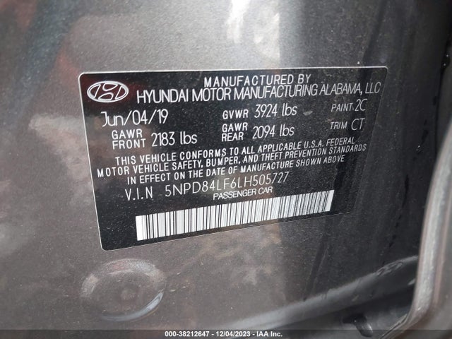 2020 HYUNDAI ELANTRA SEL VIN: 5NPD84LF6LH505727