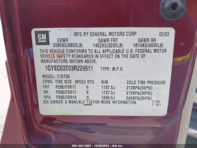 2003 CADILLAC ESCALADE STANDARD VIN: 1GYEC63T03R229911