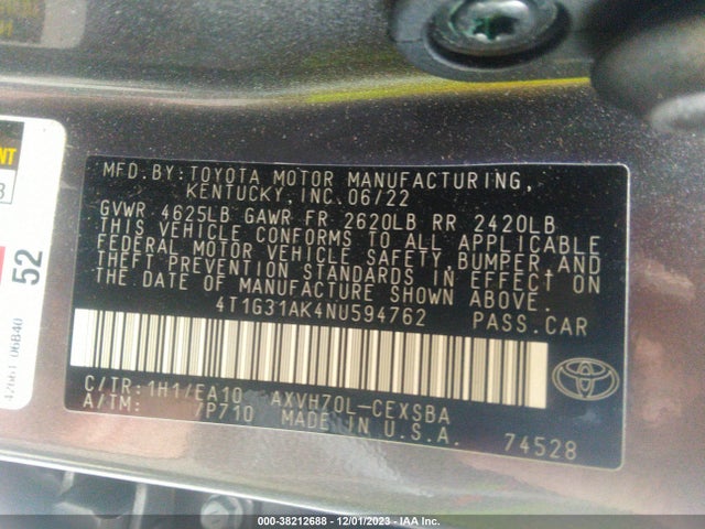 Продаж на аукціоні авто 2022 Toyota Camry Se Hybrid, vin: 4T1G31AK4NU594762, номер лоту: 38212688