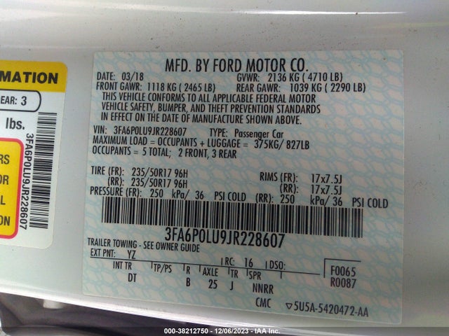 2018 FORD FUSION HYBRID SE VIN: 3FA6P0LU9JR228607