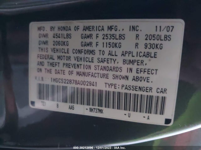 2008 HONDA ACCORD 3.5 EX-L VIN: 1HGCS22878A002941