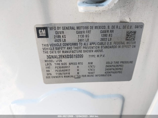 2013 CHEVROLET CAPTIVA SPORT 2LS VIN: 3GNAL2EK6DS619399