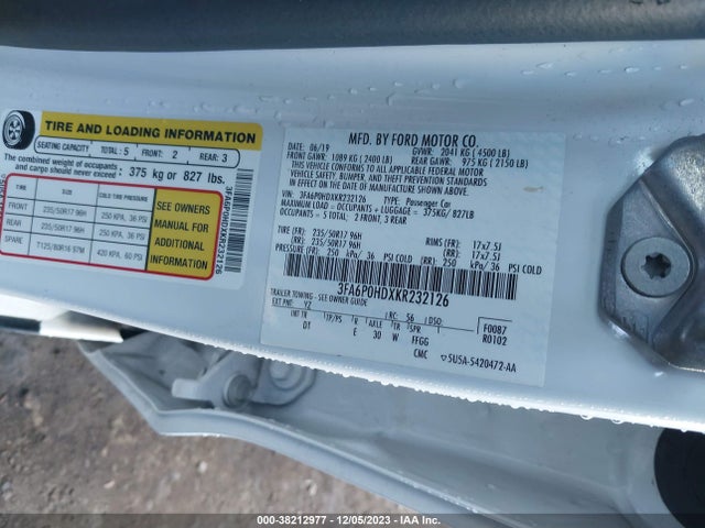 Ford FUSION SE 2019 3FA6P0HDXKR232126 Image 9