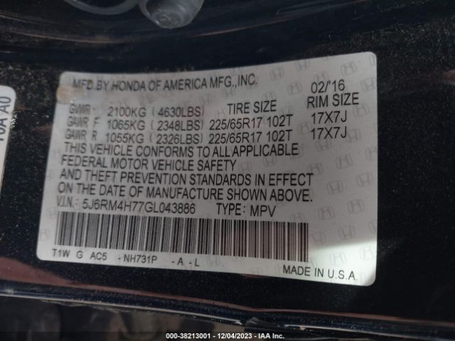 5J6RM4H77GL043886 Honda Cr-v Ex-l