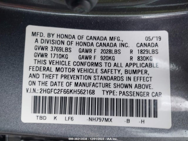 Honda Civic Lx 2019 2HGFC2F66KH562168 Image 9