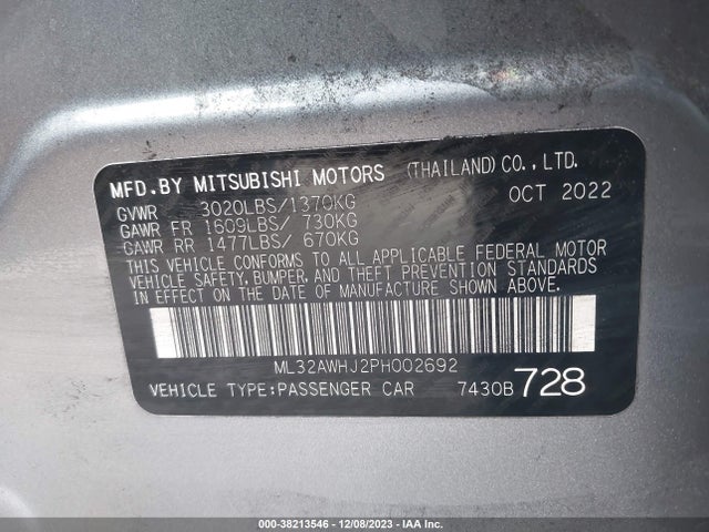 2023 MITSUBISHI MIRAGE RALLIART/SE/BLACK EDITION VIN: ML32AWHJ2PH002692