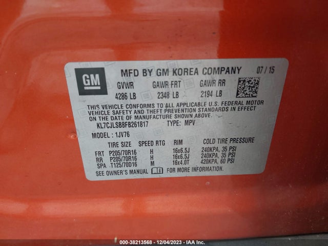 Chevrolet Trax Lt 2015 KL7CJLSB8FB261817 Image 9