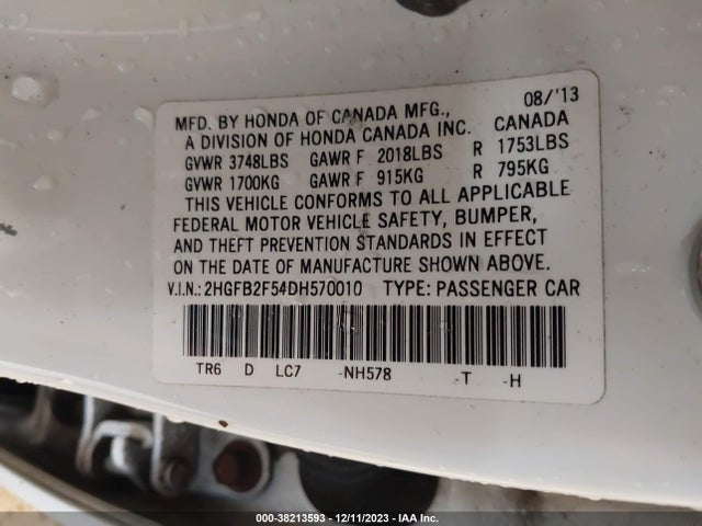 2013 HONDA CIVIC LX VIN: 2HGFB2F54DH570010