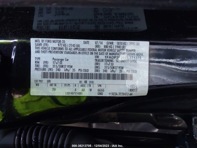 2014 FORD FOCUS SE VIN: 1FADP3F26EL371375