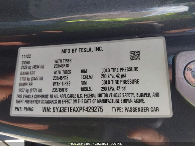 2023 TESLA MODEL 3 REAR-WHEEL DRIVE VIN: 5YJ3E1EAXPF429275