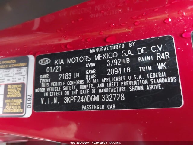 2021 KIA FORTE LXS VIN: 3KPF24AD6ME332728