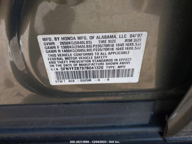 Продаж на аукціоні авто 2007 Honda Pilot Ex-l, vin: 5FNYF28797B041320, номер лоту: 38213959