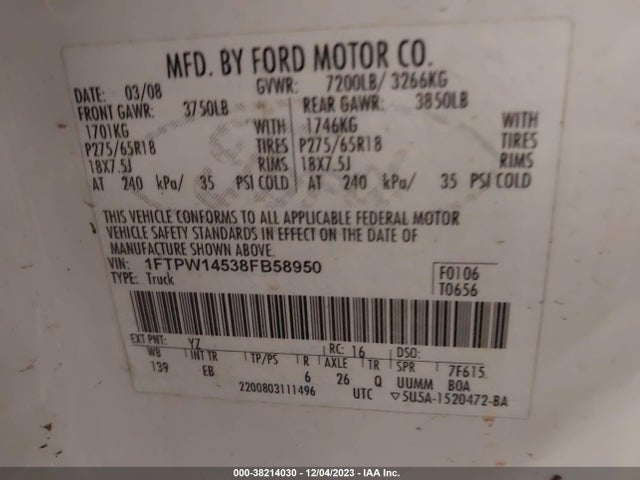 2008 FORD F-150 XLT/LARIAT/FX4 VIN: 1FTPW14538FB58950
