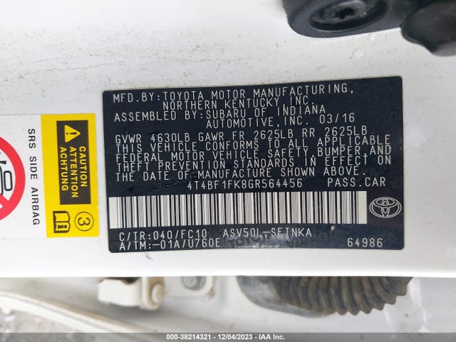 2016 TOYOTA CAMRY LE VIN: 4T4BF1FK8GR564456