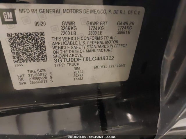 2020 GMC SIERRA 1500 4WD SHORT BOX SLT VIN: 3GTU9DET8LG448312