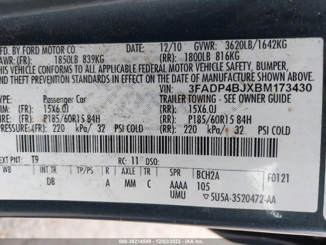 2011 FORD FIESTA SE VIN: 3FADP4BJXBM173430