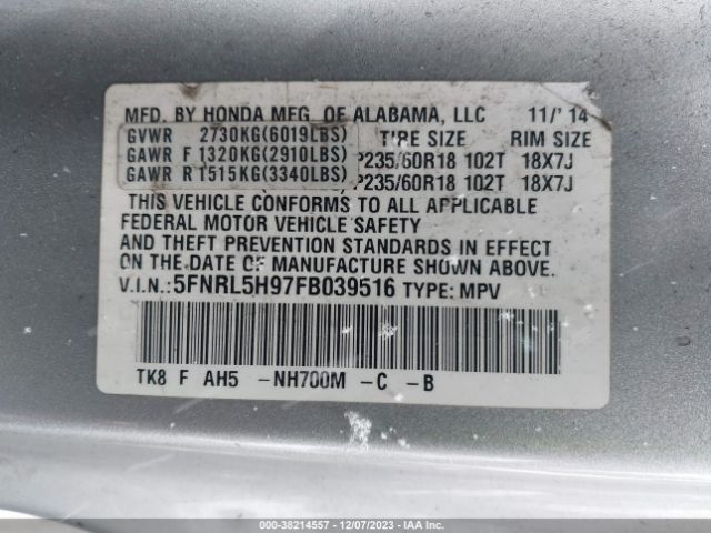 5FNRL5H97FB039516 Honda Odyssey Touring/touring Elite