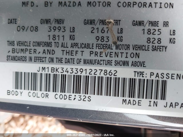2009 MAZDA MAZDA3 S SPORT VIN: JM1BK343391227862