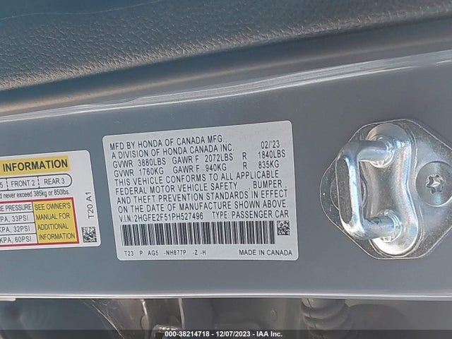 2023 HONDA CIVIC SPORT VIN: 2HGFE2F51PH527496