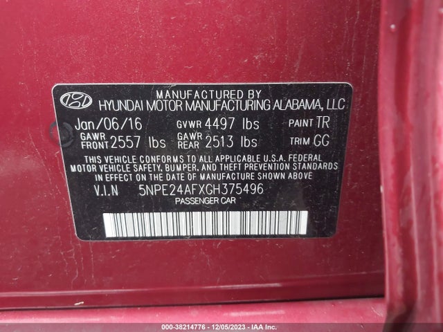 2016 HYUNDAI SONATA SE VIN: 5NPE24AFXGH375496