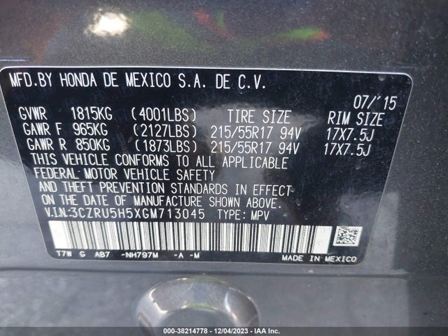 Honda HR-V EX 2016 3CZRU5H5XGM713045 Image 9