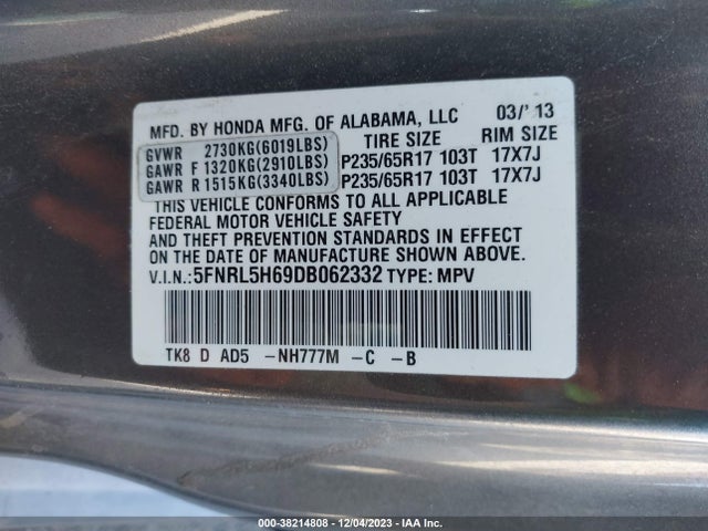 2013 HONDA ODYSSEY EX-L VIN: 5FNRL5H69DB062332