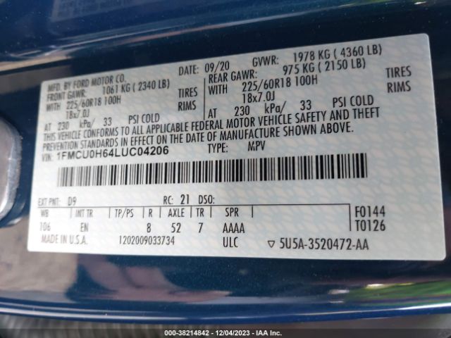 2020 FORD ESCAPE 1FMCU0H64LUC04206 Photo 8